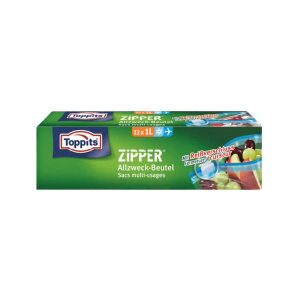 Toppits Zipper Allzweckbeutel 1 Liter, Frischhalte-/Aufbewahrungsbeutel mit Reißverschluss, 12 Stück
